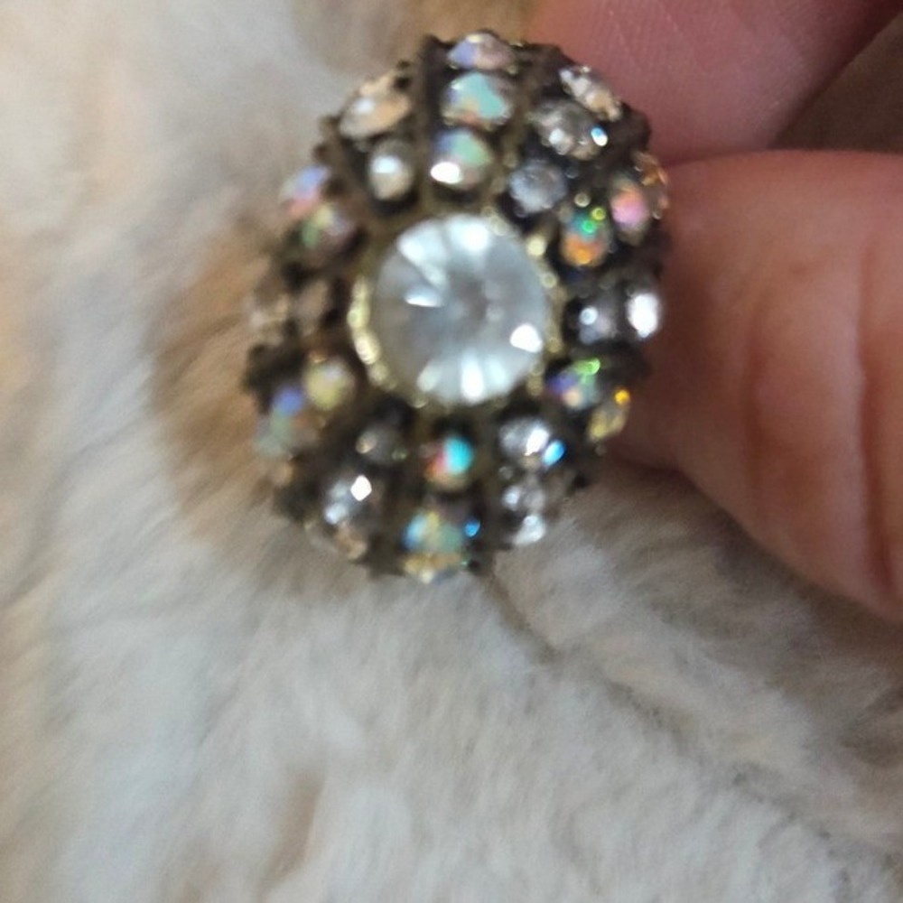 Vintage Style AB Rhinestone Dome Cocktail Ring Brass Tone Stretch Band
